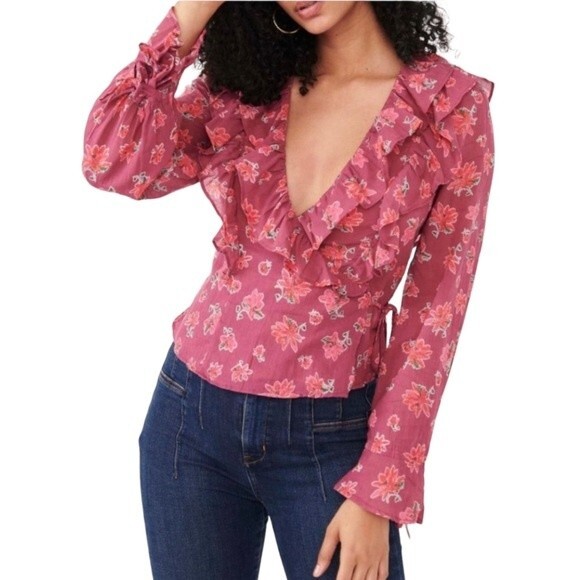NWT Free People Amanda Ruffle Long Sleeve Wrap Blouse Burgundy Floral Size Small - Picture 2 of 16